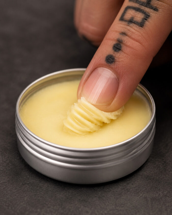 Dedo retira a textura sólida da Tattoo Butter Cupuaçu Cream MATCHII em uma latinha aberta de 26 g.