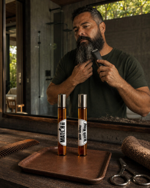 Dois Frascos cilíndricos de vidro Âmbar com rótulos brancos redondos na vertical lado a lado em cima de bandeja de madeira em primeiro plano e homem aparando a barba ao fundo com máquina em frente ao espelho