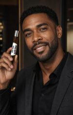 Homem sorrindo segurando o frasco cilíndrico de vidro âmbar com tampa prateada de after shave Bravio próximo ao rosto.