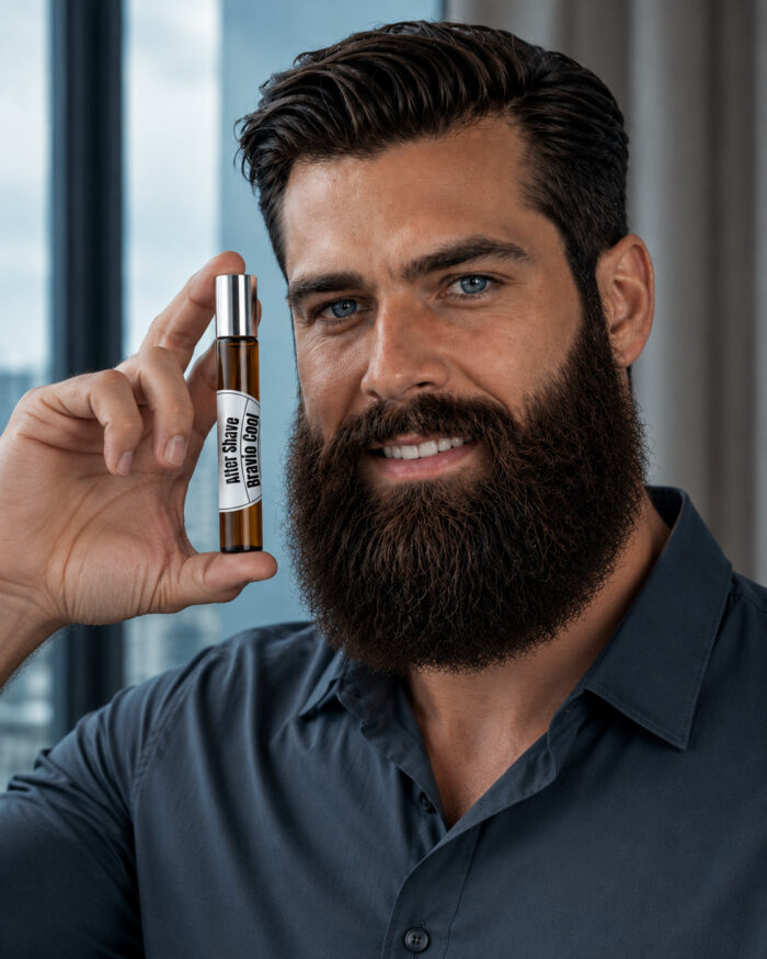 Homem barbudo olhar direto sorri enquanto segura com mão direita o frasco cilíndrico de vidro âmbar com rótulo redondo branco after shave Bravio Cool próximo ao rosto.