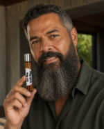 Homem grisalho com barba cheia sorrindo com olhar direto para câmera segurando o frasco de after shave cilíndrico de vidro âmbar com tampa prateada na vertical próximo ao rosto.