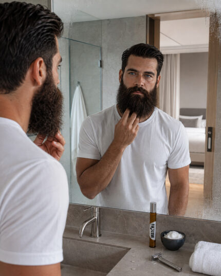 Homem barbudo observando o próprio rosto no espelho com frasco cilíndrico de vidro âmbar com tampa prateada e rótulo redondo branco matchiii na posição vertical sobre pia de granito claro perto de aparelho de barba