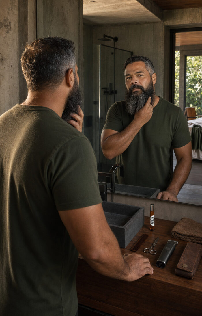 Homem de barba cheia observando o rosto no espelho com o after shave em frasco cilíndrico de vidro âmbar com tampa prateada sobre a pia