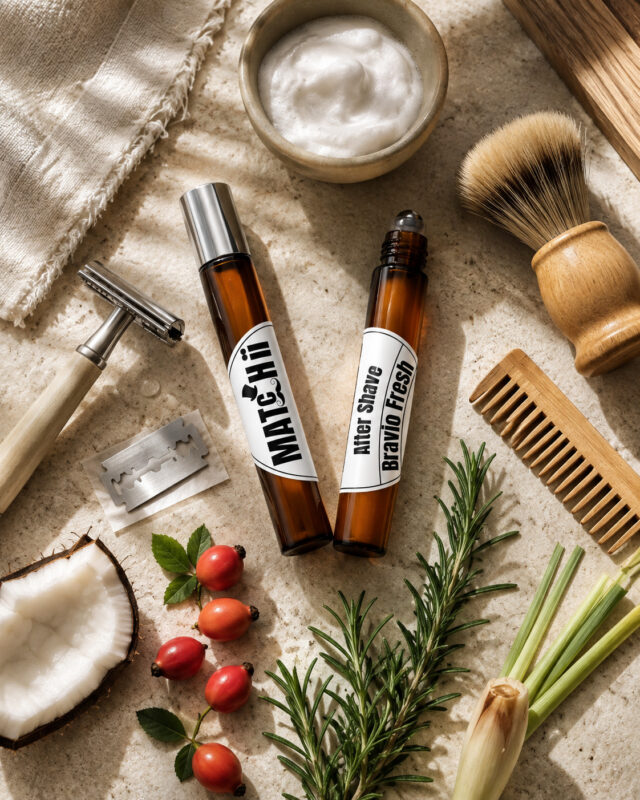 Dois frascos de vidro âmbar after shave Bravio um com tampa prateada e outro aberto com esfera metálica a mostra rodeado por pincel de barba pente de madeira pote de madeira com espuma de barbear aparelho de barbear coco alecrim
