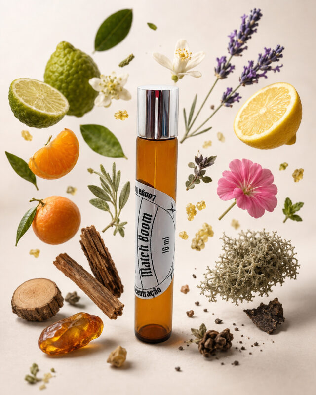 frasco de perfume roll on em vidro âmbar com tampa cromada em posição vertical rodeado por pedaço de âmbar cedro laranja gomo de tangerina limão lírio lavanda