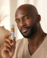 homem negro com barba cerrada com contato visual direto segurando com mão direita frasco de perfume roll on de vidro âmbar com tampa cromada na posição vertical