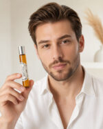 homem branco com barba cerrada e camisa branca entreaberta olhando para frente segurando na mão direita frasco de perfume roll on