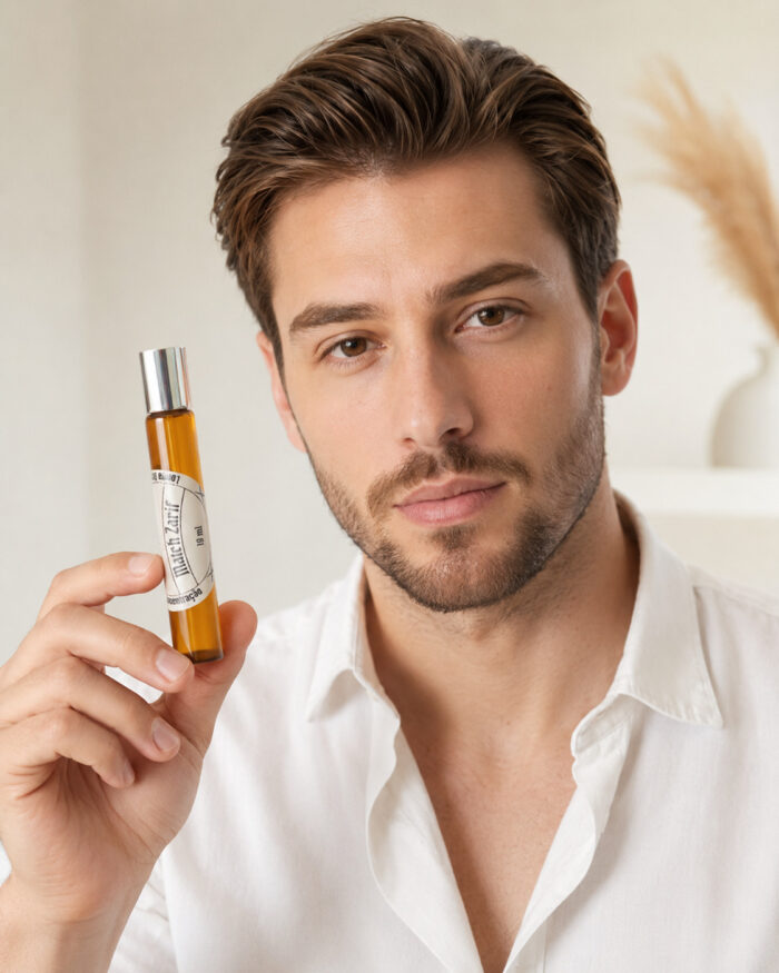 homem branco com barba cerrada e camisa branca entreaberta olhando para frente segurando na mão direita frasco de perfume roll on