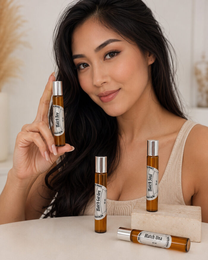 Mulher segurando um perfume feminino roll-on do Kit Élise MATCHII ao lado da coleção Eau de Parfum de longa duração.