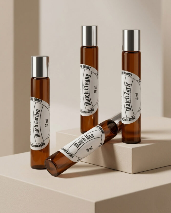 Fotografia de produto do Kit Supremée MATCHII reunindo Match Garden, Match Una, Match Efsane e Match Zarif em cenário minimalista, enfatizando alta concentração, longa duração, perfumes sem corantes, cruelty free e praticidade do formato roll-on.