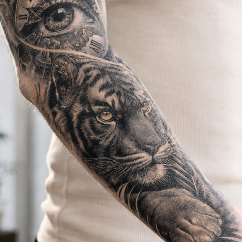braço direito tatuado com tigre e olho no centro de relógio com numeração romana