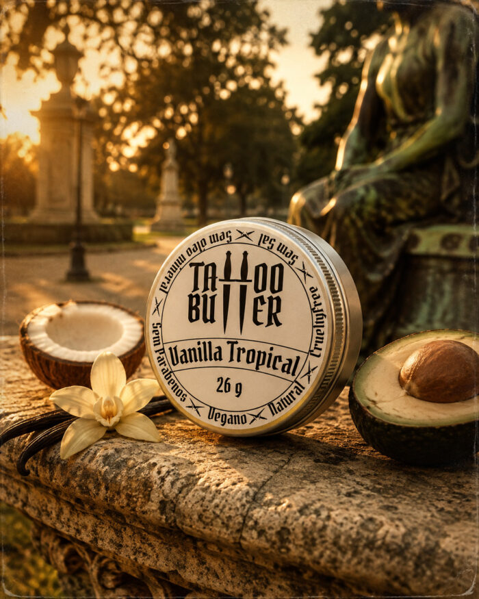 Latinha de alumínio Tattoo Butter Vanilla Tropical do Kit Ikii, com rótulo branco redondo, cercada por coco, flor clara, baunilha e abacate sobre uma base de pedra em ambiente externo.