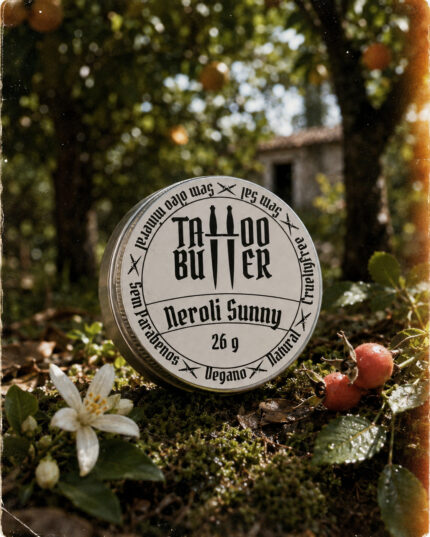 Latinha de alumínio Tattoo Butter Neroli Sunny com rótulo branco redondo, posicionada sobre musgo entre flores brancas, folhas verdes e pequenos frutos avermelhados em cenário natural.