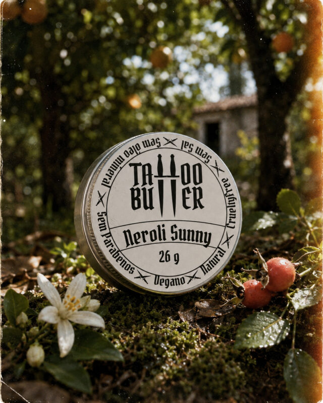 Latinha de alumínio Tattoo Butter Neroli Sunny com rótulo branco redondo, posicionada sobre musgo entre flores brancas, folhas verdes e pequenos frutos avermelhados em cenário natural.