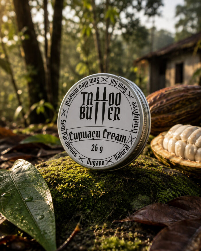 Latinha de alumínio Tattoo Butter Cupuaçu Cream com rótulo branco redondo em destaque, apoiada sobre musgo ao lado de um fruto de cupuaçu aberto em ambiente de floresta.
