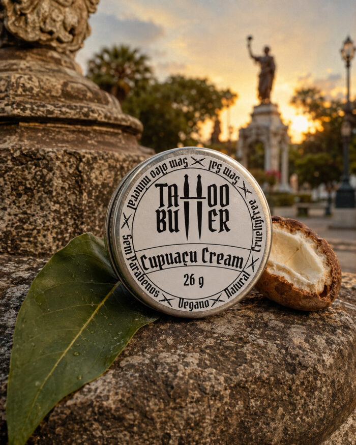 Latinha de alumínio Tattoo Butter Cupuaçu Cream do Kit Ikii, com rótulo branco redondo, apoiada sobre pedra ao lado de uma folha verde e coco aberto, com praça e monumento desfocados ao fundo.