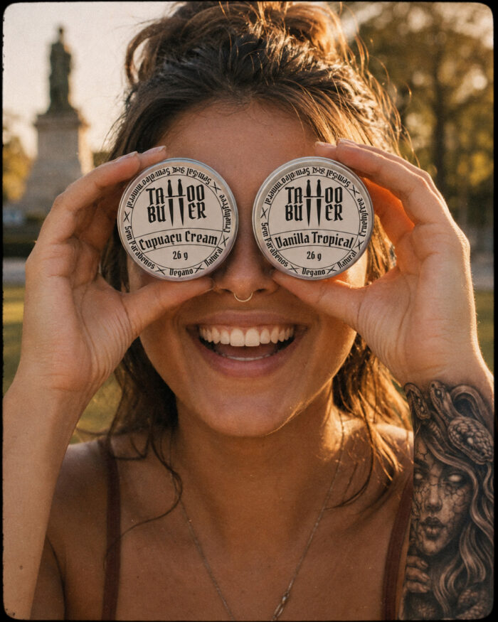 Mulher sorridente segura diante dos olhos as duas latinhas de alumínio do Kit Ikii, com rótulos brancos redondos Tattoo Butter Cupuaçu Cream e Vanilla Tropical, em ambiente externo com tatuagem visível no braço.