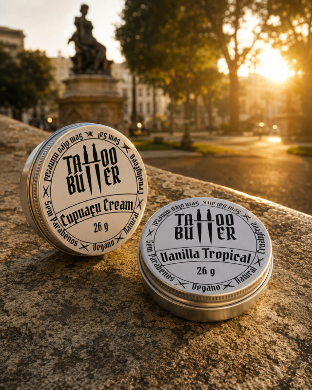 Duas latinhas de alumínio do Kit Ikii com rótulos brancos redondos escritos Tattoo Butter Cupuaçu Cream e Vanilla Tropical, apoiadas sobre pedra em uma praça iluminada pelo pôr do sol.