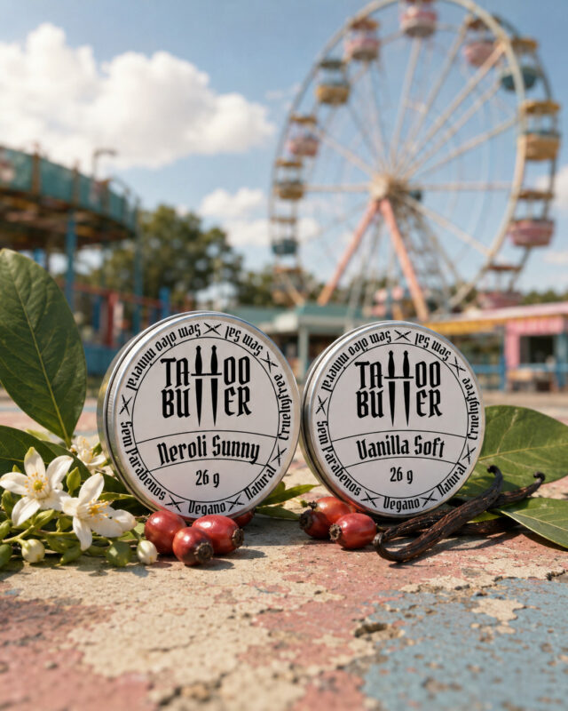 duas latas de alumínio posicionadas lado a lado verticalmente com rótulo redondo branco tatto butter neroli sunny e outro tattoobutter vanilla soft rodeado por folhas verdes frutas vermelhas e lírios com roda gigante e carrossel ao fundo