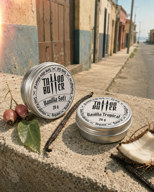 Duas latinhas de alumínio Tattoo Butter, com rótulos brancos redondos escritos Vanilla Soft e Vanilla Tropical, apoiadas sobre muro de concreto com baunilha, coco, folha e frutos ao redor.