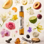 frasco de perfume de bolsa cilíndrico feito com vidro âmbar com tampa cromada com rótulo branco match bee com pedaços de melão pêra pêssego limão madeira de cedro âmbar fava de baunilha jasmim lavanda