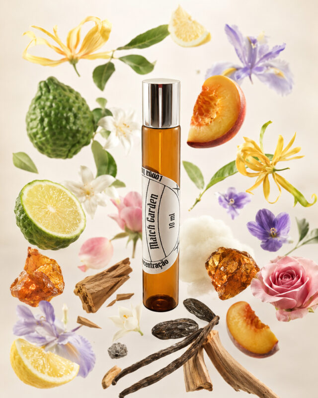 frasco cilíndrico de perfume de bolsa em vidro âmbar em posição vertical com tampa prateada rodeada por pedaços de pêssego limão âmbar laranja fava de baunilha fava tonka rosa jasmim lírio do campo lavanda