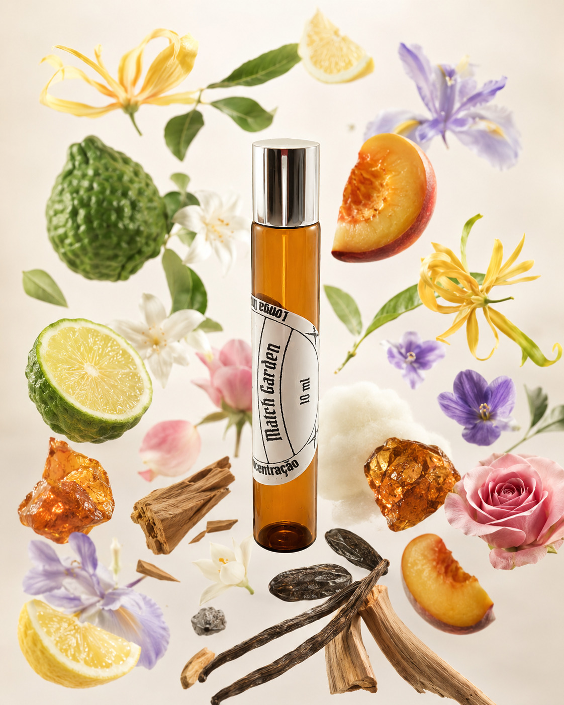 perfume-roll-on-match-garden-floral-ambarado-notas-olfativas-matchii frasco cilíndrico de perfume de bolsa em vidro âmbar em posição vertical com tampa prateada rodeada por pedaços de pêssego limão âmbar laranja fava de baunilha fava tonka rosa jasmim lírio do campo lavanda