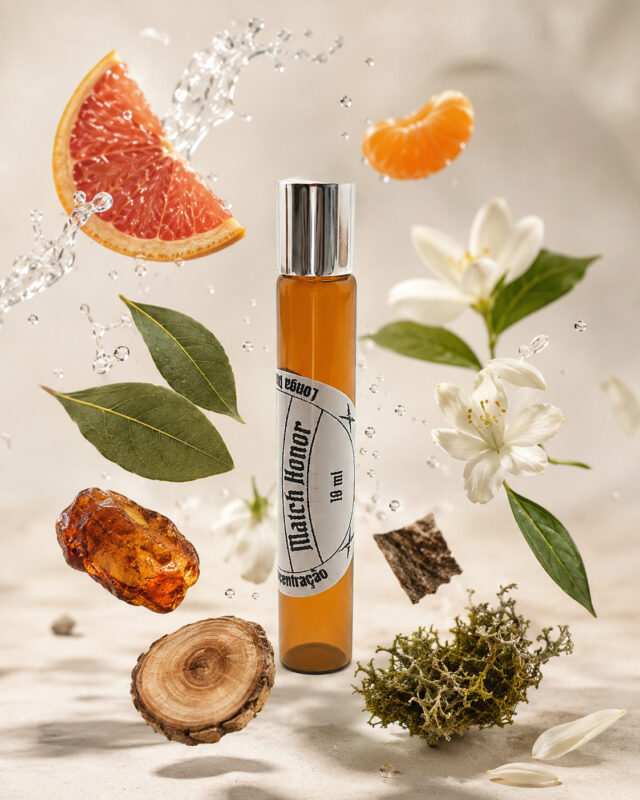 frasco âmbar de perfume portátil na posição vertical no centro da imagem rodeado por gomo de tangerina âmbar cedro lírio hotelã pedaço de toranja