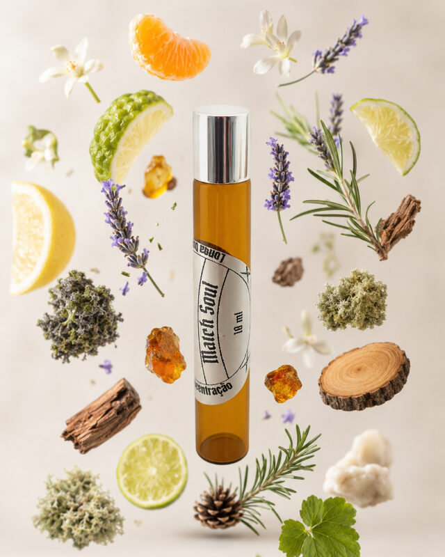 frasco de perfume portátil cilíndrico de vidro âmbar com tampa cromada com rótulo redondo branco match soul na vertical rodeado por fatia de limão pedaço de madeira de cedro alecrim lavanda gomo de tangerina âmbar