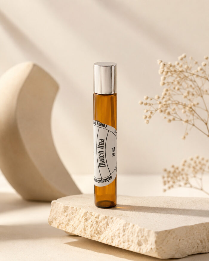 perfume feminino em frasco cilíndrico âmbar com tampa cromada rótulo redondo branco match una sobre pedra de granito clara