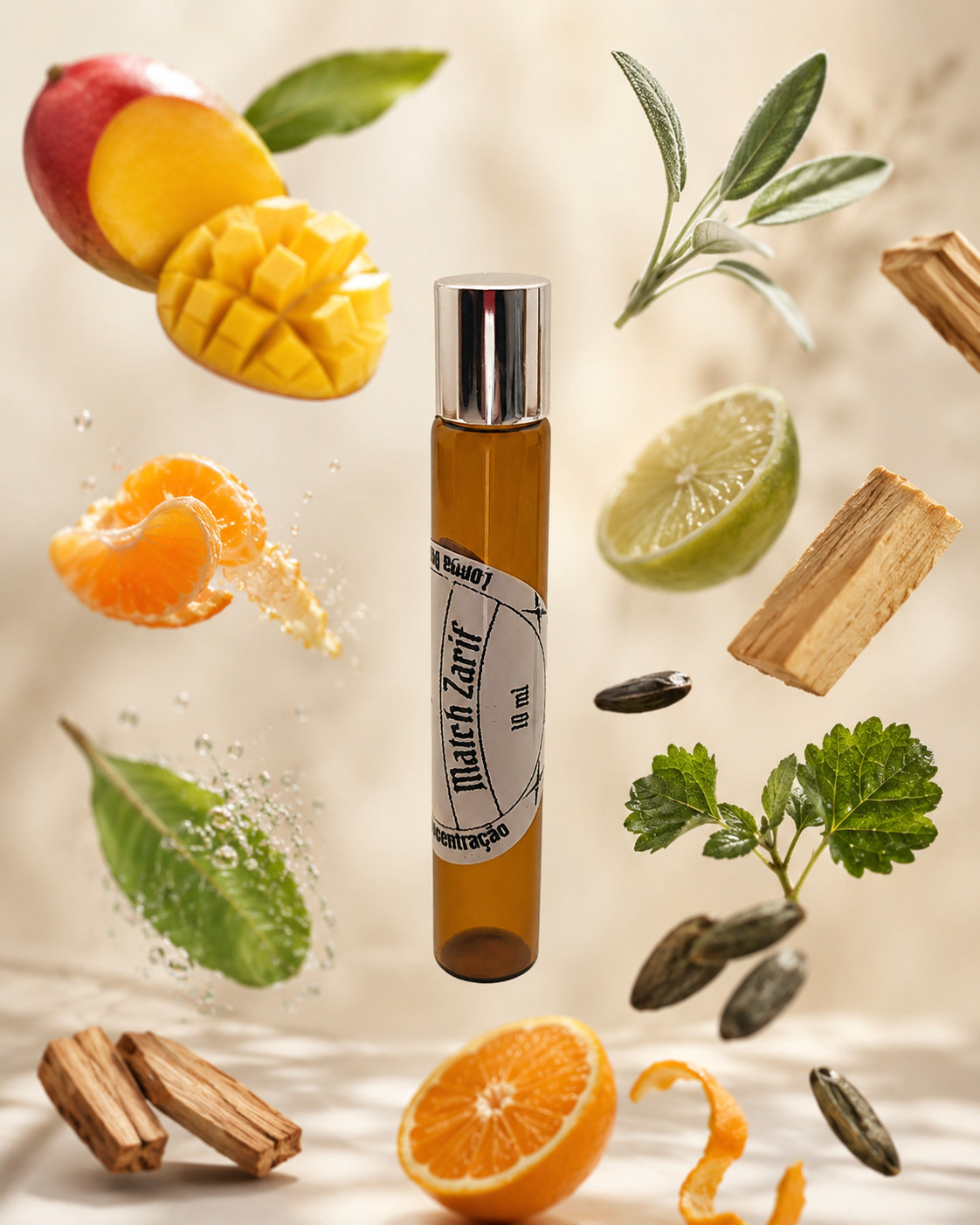 perfume-roll-on-match-zarif-piramide-olfativa-amadeirado-aromatico frasco âmbar de perfume roll on portátil posicionado vertical com elementos flutuantes ao redor manga tangerina fava tonka laranja limão hortelã