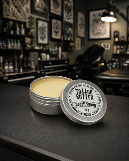 Tattoo Butter Neroli Sunny MATCHII aberta sobre bancada de estúdio, com a tampa metálica ao lado.