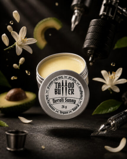 Tattoo Butter Neroli Sunny MATCHII aberta com flor de laranjeira, abacate e equipamentos de tatuagem.