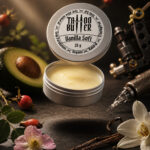 Tattoo Butter Vanilla Soft MATCHII com abacate, baunilha, rosa-mosqueta e equipamentos de tatuagem.