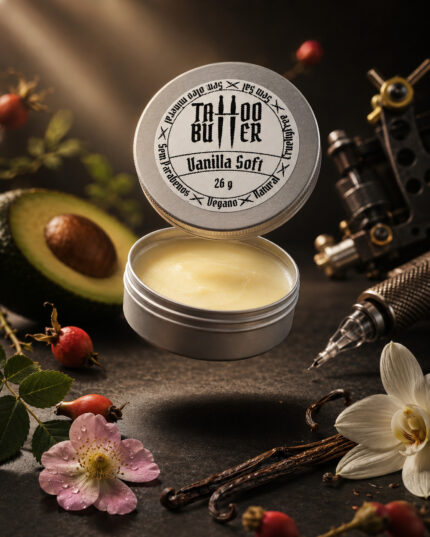 Tattoo Butter Vanilla Soft MATCHII com abacate, baunilha, rosa-mosqueta e equipamentos de tatuagem.