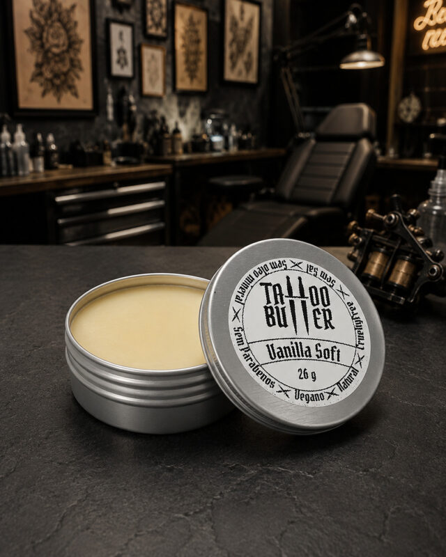 Tattoo Butter Vanilla Soft MATCHII aberta sobre bancada de estúdio, com a tampa metálica posicionada ao lado.