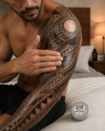 Homem sentado na cama passando manteiga para tatuagem no braço com tattoo polinésia com latinha de alumínio fechada em posição vertical com rótulo tattoo butter vanilla tropical ao lado