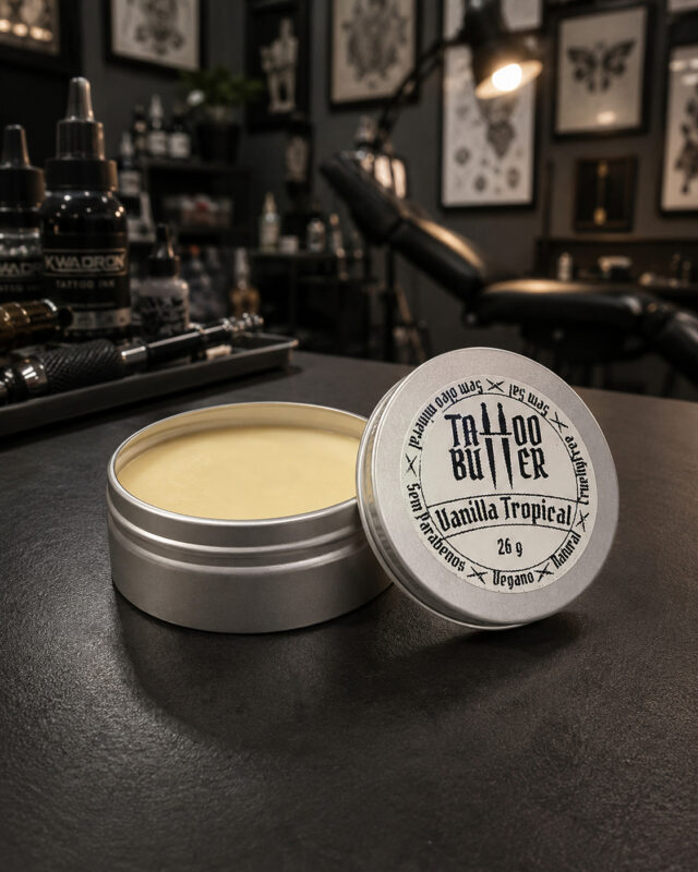 Latinha de alumínio aberta com manteiga para tatuagem com tampa com rótulo escrito tattoo butter vanilla tropical 26 g apoiada na latinha de tatuagem sobre a mesa